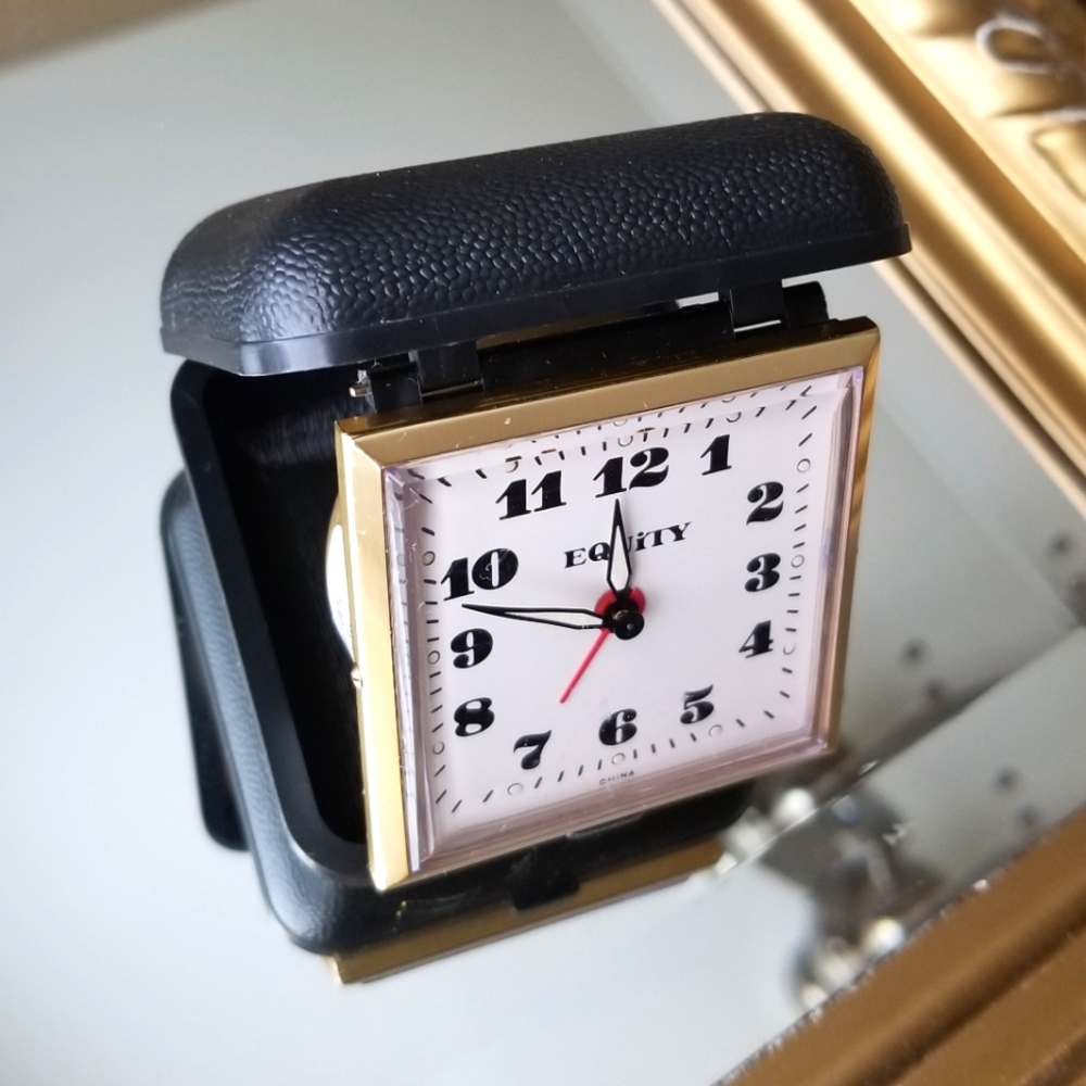 ❗Vintage Equity Travel Alarm Clock in Black Clamshell Case❗